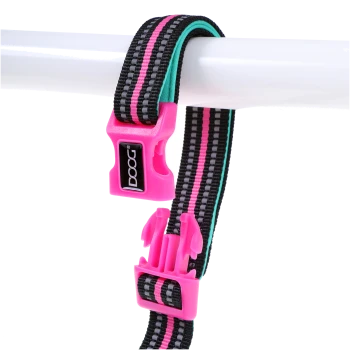 Eine bunte Haustierleine mit einem schwarz, pink und türkis gestreiften Design und einer pinken Kunststoffschnalle, die an einer weißen Stange hängt.