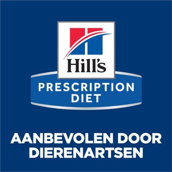 Hill's Prescription Diet-logo op een blauwe achtergrond, met de tekst "AANBEVOLEN DOOR DIERENARTSEN" prominent weergegeven.