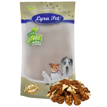 Lyra Pet Hundeleckerlis Verpackung mit einer beigen Tüte mit dem Etikett "Lyra Nature Power", Bildern eines Hundes und einer Katze sowie einem Haufen knochenförmiger Snacks.