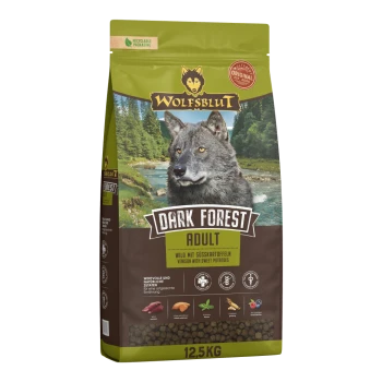 Wolfsblut Dark Forest Adult Hundefutterbeutel mit Wolfsbild, Wild und Süßkartoffeln, 12,5 kg, recycelbare Verpackung.