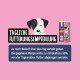 Pinkfarbene Anzeige mit cartoonhaftem Welpen, fettgedrucktem Text „TÄGLICHE FÜTTERUNGSEMPFEHLUNG“, deutschen Fütterungshinweisen und einer Dose Snackie Drops.