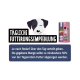 Pinkfarbene Anzeige mit cartoonhaftem Welpen, fettgedrucktem Text „TÄGLICHE FÜTTERUNGSEMPFEHLUNG“, deutschen Fütterungshinweisen und einer Dose Snackie Drops.