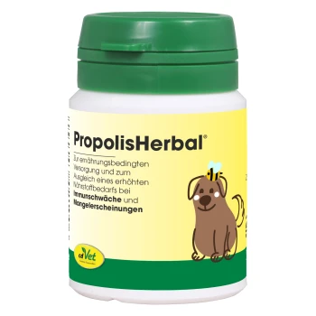 Behälter mit cdVet PropolisHerbal Ergänzungsmittel für Haustiere, mit einem grünen Deckel und einem gelben Etikett mit dem Text "100% NATUR".