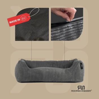 Graues Haustierbett mit gerippter Textur, mit abnehmbarem Bezug und einem "Made in EU"-Etikett. Markenlogo: Rohrschnneider.
