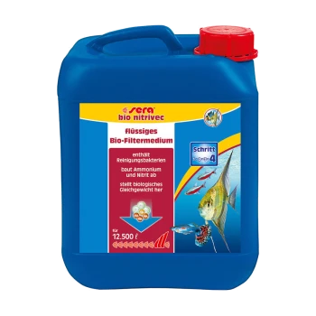 Le contenant bleu Sera Bio Nitrivec prétend contenir des bactéries nettoyantes pour l'élimination de l'ammoniac et des nitrites dans les aquariums jusqu'à 12 500 litres.