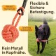 Hund an der Leine mit einem orangefarbenen Knotendesign. Text-Highlights: "Flexible & sichere Befestigung," "Weicher Nahtschutz," "Spielzeug austauschbar."