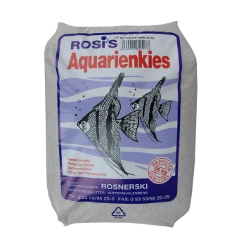 Rosis Aquarienkies Aquarienkiesbeutel, 25 kg, mit zwei Illustrationen von Engeln und einem Text, der die Reinigungs- und Pflanzenwachstums Vorteile hervorhebt.