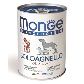 Dose Hundefutter "Monge Monoprotein Soloagnello" mit Lamm, getreidefreier Formel und dem Etikett "Keine Farbstoffe, Konservierungsstoffe oder Zucker". Hergestellt in Italien.