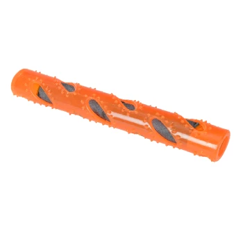Bright orange dog chew toy with textured surface and mesh openings for added grip and durability.