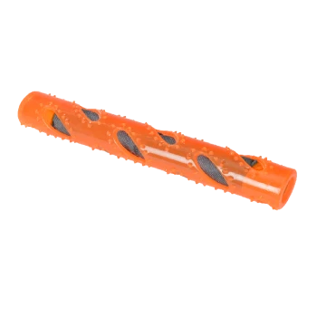 Bright orange dog chew toy with textured surface and mesh openings for added grip and durability.