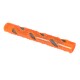 Bright orange dog chew toy with textured surface and mesh openings for added grip and durability.