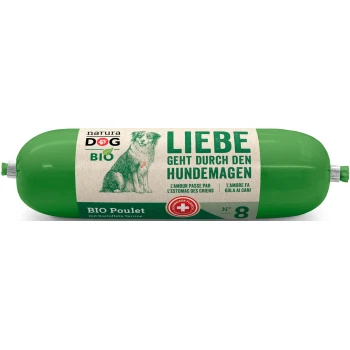 Emballage vert "narura DOG BIO" avec une illustration de chien, étiqueté "BIO Poulet mit Kartoffeln Terrine" en allemand, français et italien.