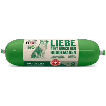 Grüne "narura DOG BIO"-Verpackung mit einer Hundillustration, beschriftet mit "BIO Poulet mit Kartoffeln Terrine" in Deutsch, Französisch und Italienisch.