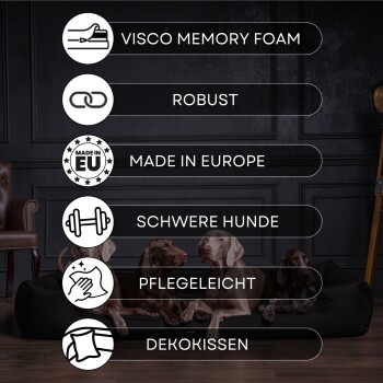Ein schwarzer Dobermann liegt bequem auf einem roten Hundebett mit einem Logo, das 'tierlando' liest, vor einem Backsteinwand-Hintergrund.