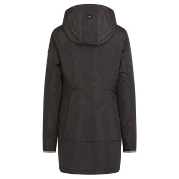 Dunkelgraue Haustierjacke mit Kapuze, mit einer großen Fronttasche und einem eleganten Design, von hinten präsentiert.