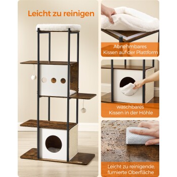 Katzenbaum mit abnehmbaren und waschbaren Kissen, mit einem gemütlichen Versteck und leicht zu reinigenden Oberflächen, hervorgehoben durch einen Text in Deutsch.