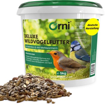Orni Deluxe Wildvogelfutter 5-kg-Eimer mit Wildvogelfutter und Mehlwürmern; Haufen gemischter Samen, gelber Hinweis 'deutsche Herstellung'