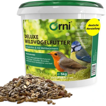 Orni Deluxe Wildvogelfutter 5-kg-Eimer mit Wildvogelfutter und Mehlwürmern; Haufen gemischter Samen, gelber Hinweis 'deutsche Herstellung'