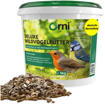Orni Deluxe Wildvogelfutter 5-kg-Eimer mit Wildvogelfutter und Mehlwürmern; Haufen gemischter Samen, gelber Hinweis 'deutsche Herstellung'