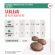 Tableau détaillant les portions de friandises pour chiens en fonction du poids, avec des unités maximales quotidiennes et des informations caloriques, présentant trois friandises.