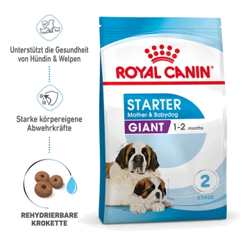 Royal Canin Starter Mother & Babydog Futter für Riesenrassen, geeignet für Welpen von 1-2 Monaten, mit Bernhardiner-Hunden auf der Verpackung.