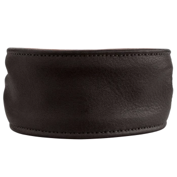 Breites, gepolstertes dunkelbraunes Leder-Hundehalsband-Panel mit abgesteppten Kanten.