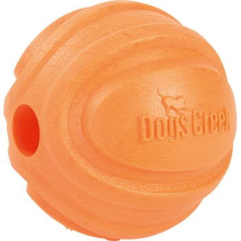 Balle jouet pour chien en caoutchouc texturé orange avec un trou et le logo "Dog's Treat" embossé sur le côté.