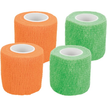 Four rolls of textured self-adhesive pet bandage wrap, two orange and two green with white cores