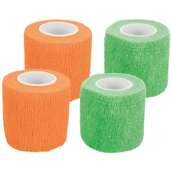 Four rolls of textured self-adhesive pet bandage wrap, two orange and two green with white cores