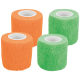 Four rolls of textured self-adhesive pet bandage wrap, two orange and two green with white cores