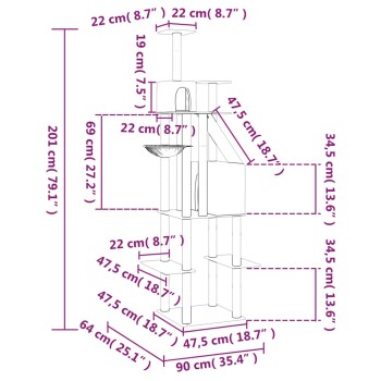 Illustration der Abmessungen eines Katzenbaums mit beschrifteten Maßen in Zentimetern und Zoll, mit mehreren Ebenen, einer Schüssel und einem gemütlichen Versteck.