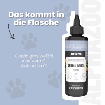 ALPHAZOO Ohrmilben-Öl für Haustiere in umweltfreundlicher Verpackung, hergestellt mit Mandel, Aloe Vera und Kamille, geeignet für alle Rassen.