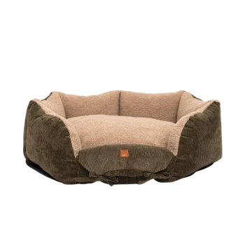 Braunes Cord- und beiges Fleece-Haustierbett mit erhöhten Seiten und kleinem quadratischem Lederetikett vorne.