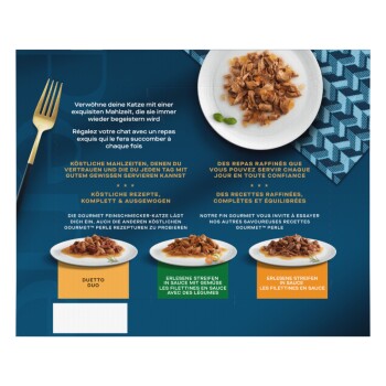 Anzeige für Katzennaßfutter mit drei angerichteten Portionen und einer Gabel vor blauem Hintergrund; sichtbarer Text: Duetto Duo, Erlesene Streifen.