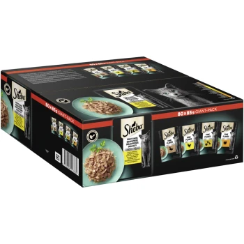 Multipack Giant-Pack Delikatesse in Gelee Geflügel Variation 80x85 g Sheba Katzenfutter-Riesenpackung mit feinen Flocken in einer Schüssel, mit einem Bild einer grauen Katze und Text, der auf 80x85g Verpackung hinweist.