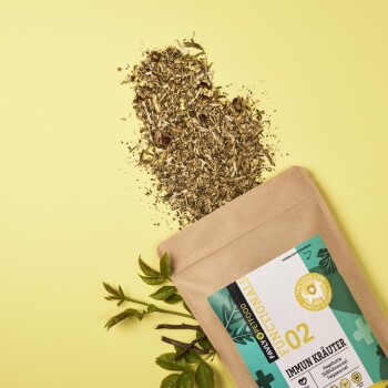 Eine braune Papiertüte mit der Aufschrift '02 IMMUN KRÄUTER' kippt eine Mischung aus getrockneten Kräutern auf einen gelben Hintergrund, mit grünen Blättern in der Nähe.