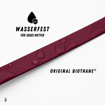 Bordeauxroter Biothane-Hunderiemen diagonal mit Wassertropfen; Text: 'WASSERFEST FÜR JEDES WETTER' und 'ORIGINAL BIOTHANE®'.
