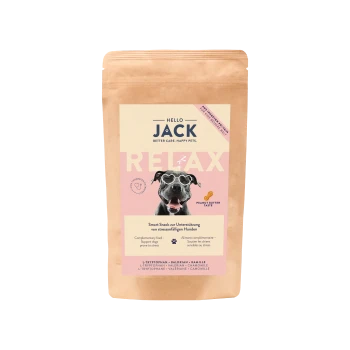 Sac de friandises Hello Jack Relax goût beurre de cacahuète, soutenant les chiens sujets au stress, avec un chien portant des lunettes en forme de cœur.