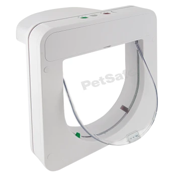 Weiße Haustiertür mit einer transparenten Klappe, die ein PetSafe-Logo und farbige Tasten zur Bedienung zeigt.