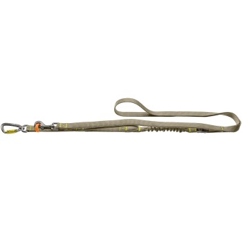 Hellbraune Nylon-Hundeleine mit Handschlaufe, Karabiner, orangefarbenem Akzent, gelben reflektierenden Nähten und Bungee-Stoßdämpfer.
