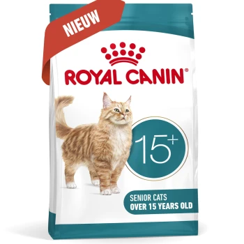 Royal Canin Senior kattenvoer voor katten ouder dan 15 jaar, met een oranje tabby kat en "NIEUW" label.