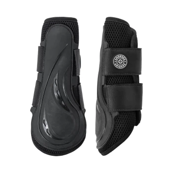 Schwarze Pferdeschutzstiefel mit Mesh-Details und verstellbaren Riemen, die ein schlankes Design für den Reitsport zeigen.