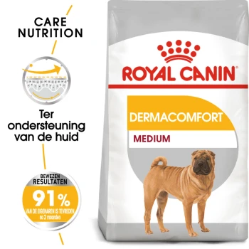 Royal Canin Dermacomfort Medium hondenvoerzak met een Shar Pei, met tekst die huidondersteuning en 91% eigenaarstevredenheid benadrukt.