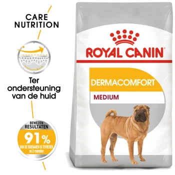 Royal Canin Dermacomfort Medium hondenvoerzak met een Shar Pei, met tekst die huidondersteuning en 91% eigenaarstevredenheid benadrukt.