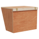 Holz-Haustieraufbewahrungsbox mit einem klappbaren Deckel und Metallverschlüssen, mit einer natürlichen Holzoberfläche und einem schrägen Design.