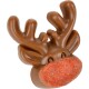 Brown reindeer-shaped dog chew toy with textured red nose, designed for pets.