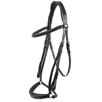 Schwarzes Lederhaustiergeschirr mit verstellbaren Riemen und silberner Naht, auf einem weißen Hintergrund präsentiert.