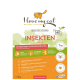 Verpackung für natürliches Katzenfutter mit einer verspielten orangefarbenen Katze. "Ich liebe meine Katze" bietet Insektenprotein, ist getreidefrei und hypoallergen.