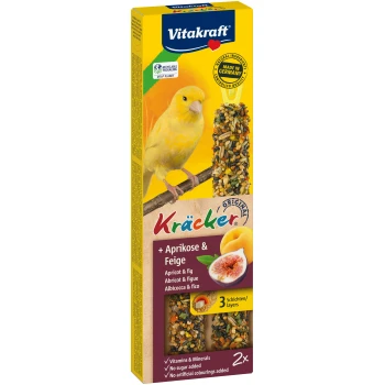 Vitakraft Kräcker Vogelsnackverpackung mit einem gelben Kanarienvogel und zwei Saatenstangen mit der Aufschrift "Aprikose & Feige," die Vitamine und keinen zugesetzten Zucker hervorhebt.