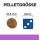 Bild, das zwei Haustierfutterpellets zum Größenvergleich zeigt: ein braunes Pellet (10,5 mm) neben einem blauen Würfel (16 mm) mit dem Etikett "PELLETGRÖSSE."